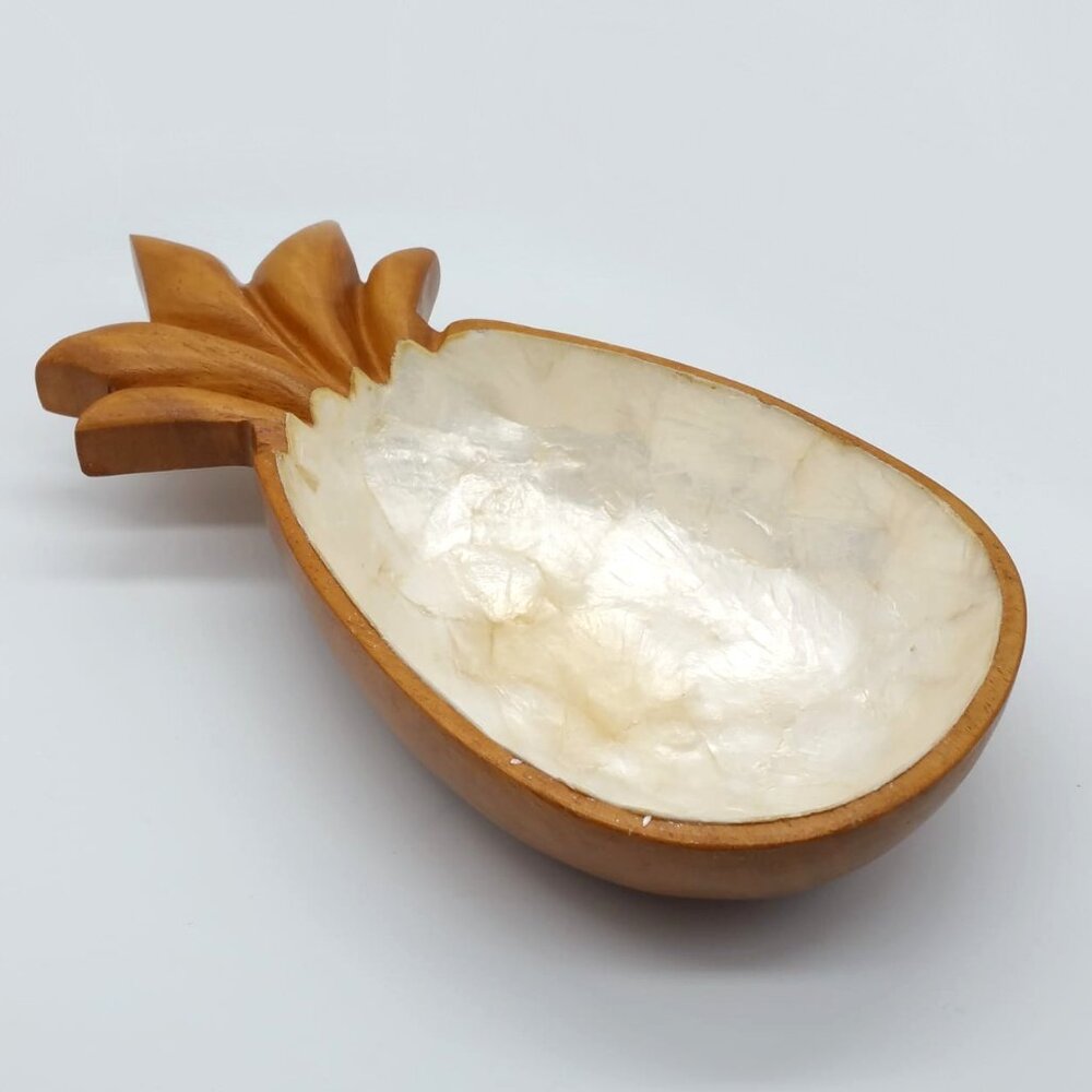 Teak Wood and Mother of Pearl Pineapple Trinket Dish Bowl 10"